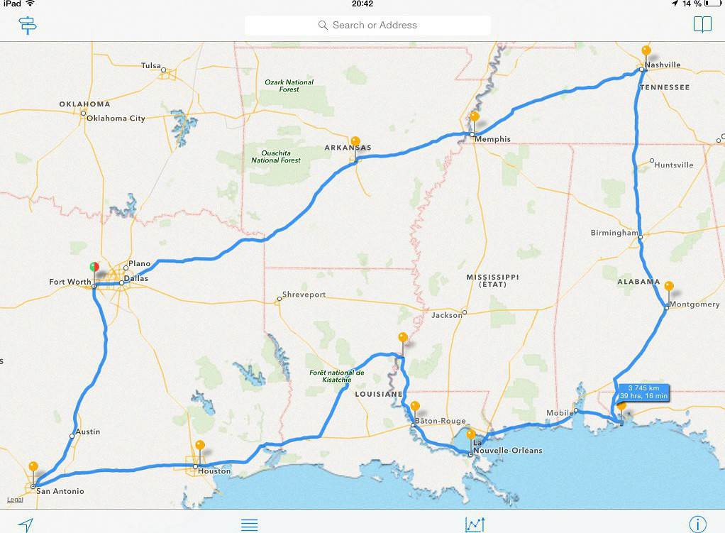 Avis itinéraire sud Dallas Houston NouvelleOrléans Memphis
